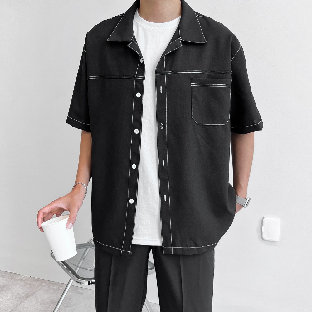 [기획특가] 스티치 오버핏 오픈카라 반팔 셔츠